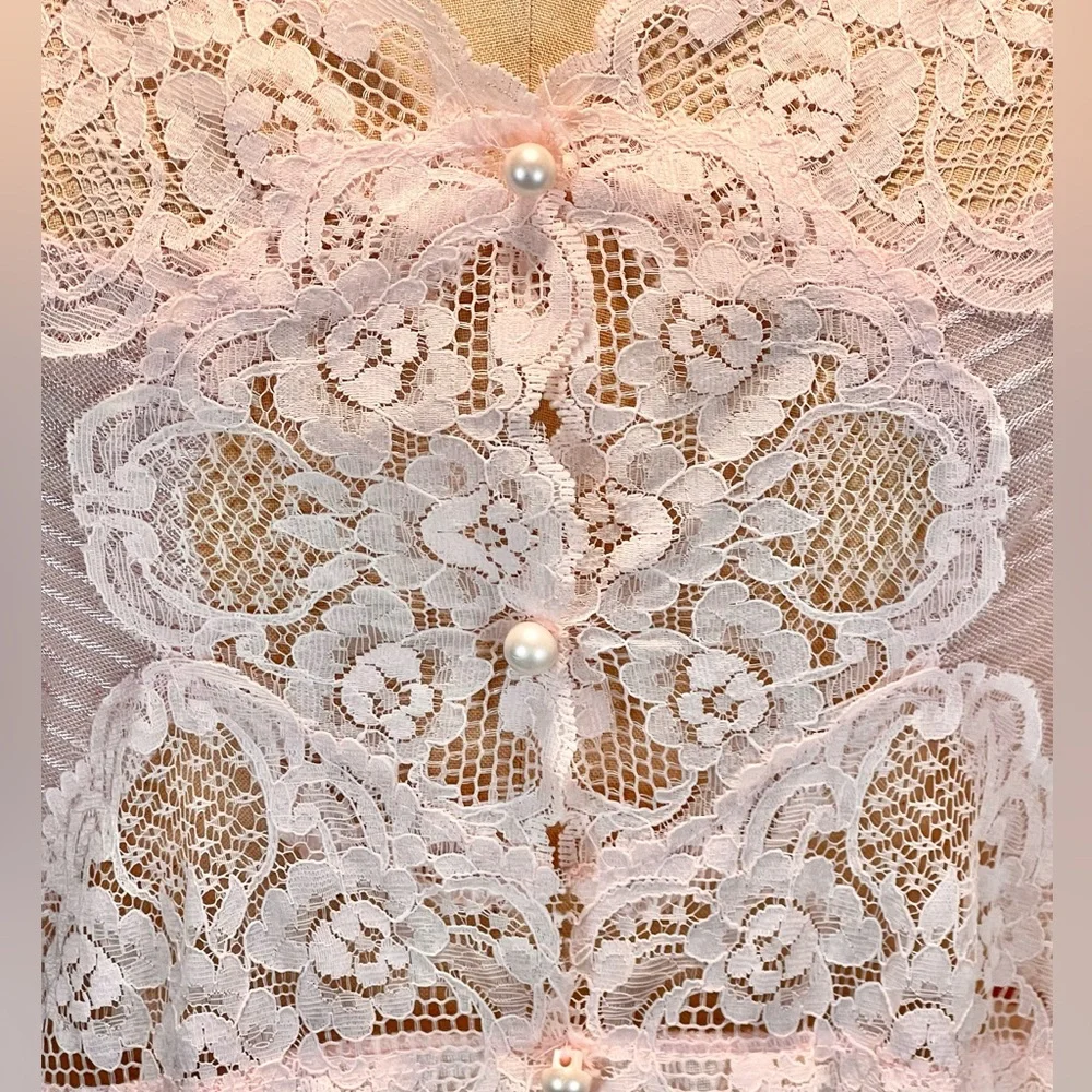 VINTAGE pastel lace blush pink long maxi nightgown evening gown lingerie 70s 80s